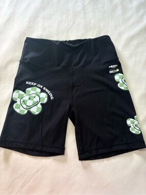 Black High-Waist Bike Shorts with Green Checker Smiley Flower